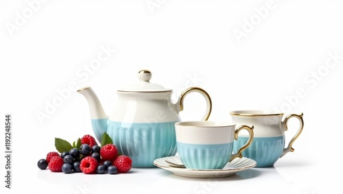 Classic Elegance: White and Blue Ribbed Tea Set with Fresh Fruits