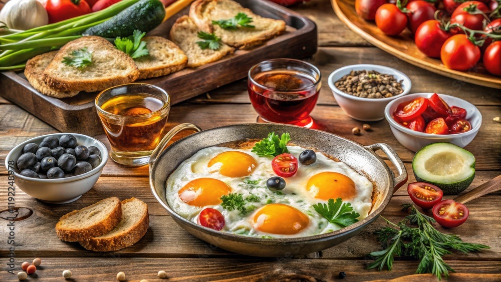 Indulge in a high-quality Turkish breakfast spread: fried eggs, fresh bread, & more. Picture perfect! Indulge in a high-quality Turkish breakfast spread: fried eggs, fresh bread, & more. Picture perfect!