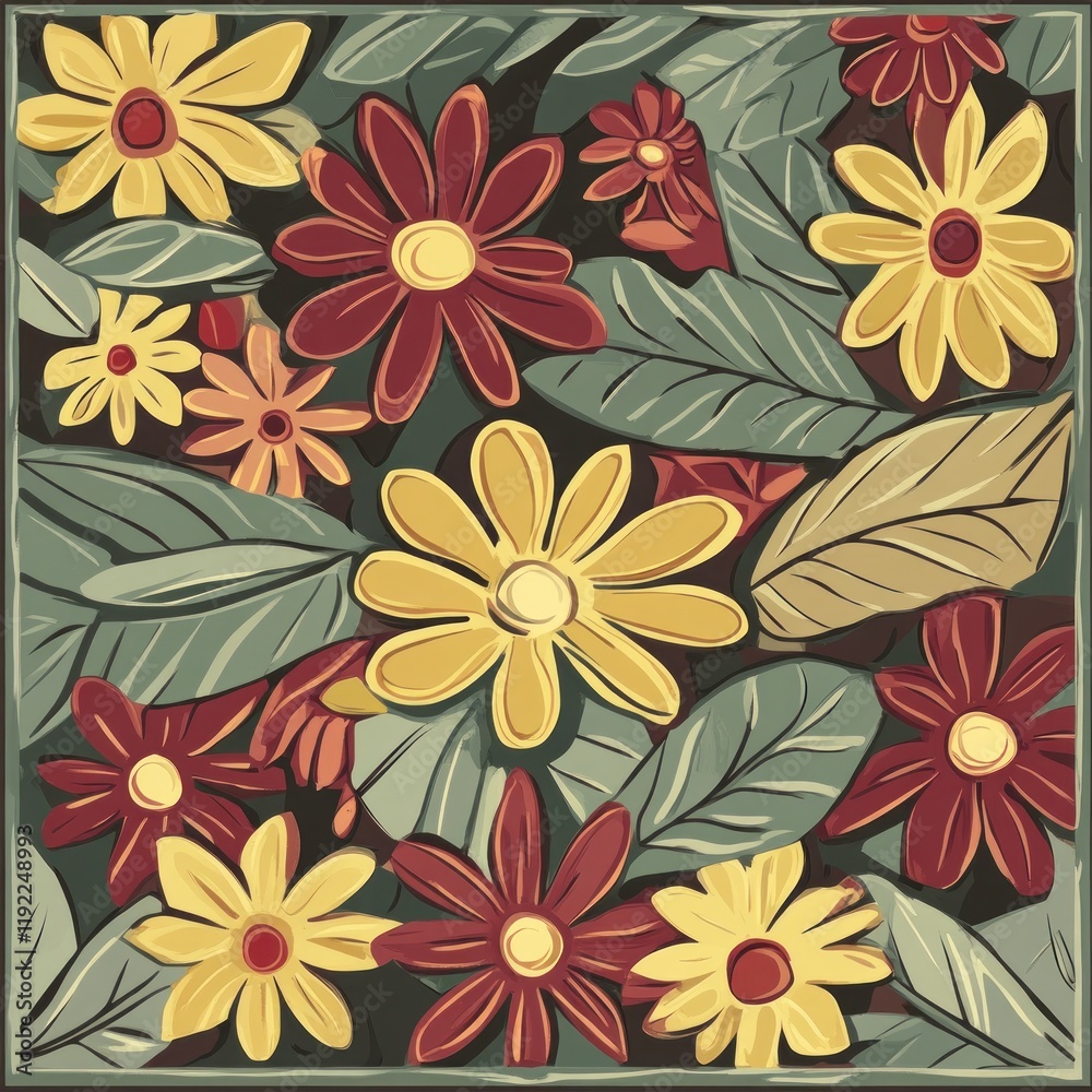 Vibrant floral pattern with yellow, red, and orange flowers and green leaves in a square frame. Vibrant floral pattern with yellow, red, and orange flowers and green leaves in a square frame.