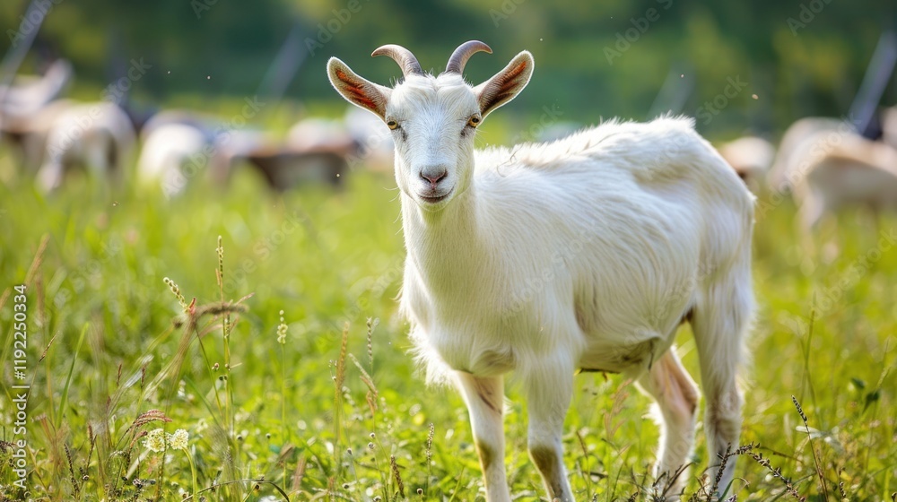 White goat grazing pasture farm herd sunlight White goat grazing pasture farm herd sunlight