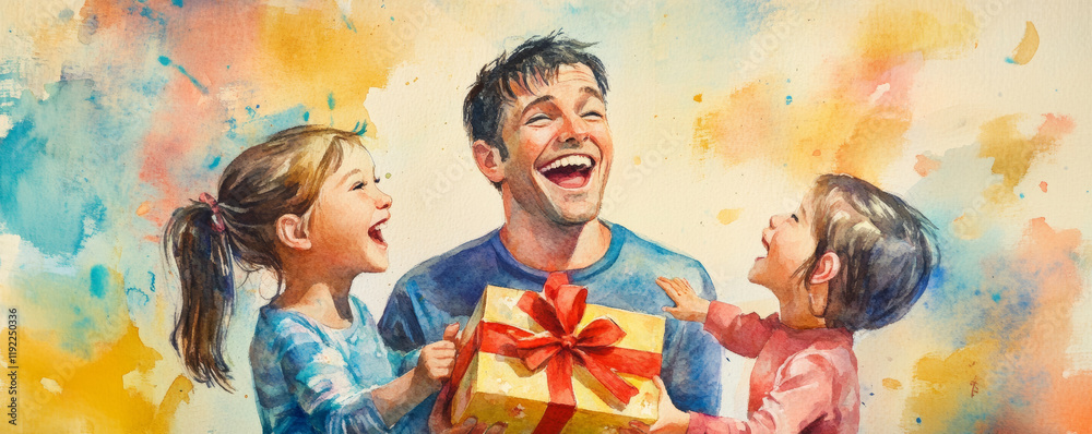 Father laughing joyfully as his children surprise him with gift, capturing heartwarming family moment filled with love and happiness. colorful background enhances cheerful atmosphere