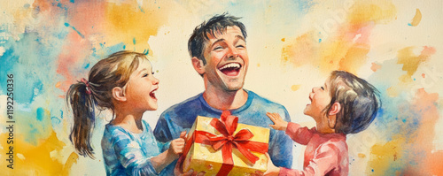 Obraz na płótnie Father laughing joyfully as his children surprise him with gift, capturing heartwarming family moment filled with love and happiness. colorful background enhances cheerful atmosphere w salonie