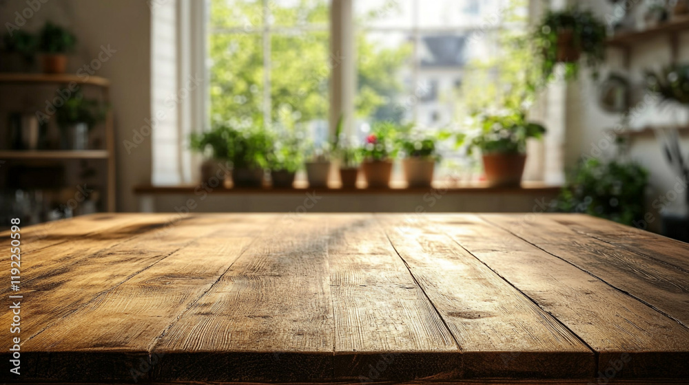 Rustic wooden table in a sunlit room with green plants by the window Rustic wooden table in a sunlit room with green plants by the window