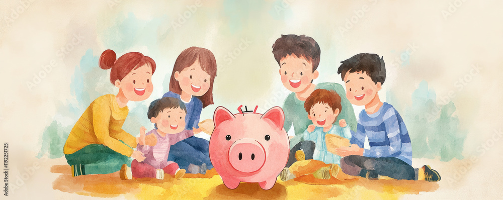 joyful family gathering with parents and kids sitting around piggy bank, sharing smiles and laughter. This scene captures essence of togetherness and financial education