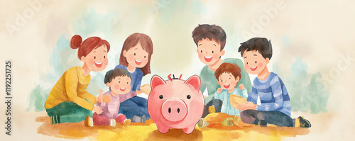 Obraz na płótnie joyful family gathering with parents and kids sitting around piggy bank, sharing smiles and laughter. This scene captures essence of togetherness and financial education w salonie