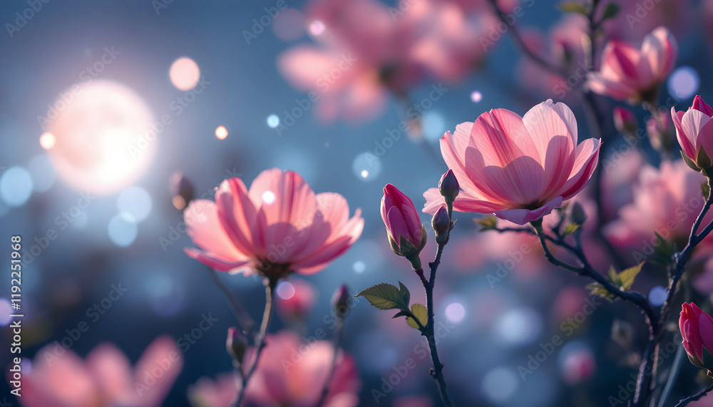 Obraz premium Pink Magnolia Blossoms: Serene Moonlight Garden