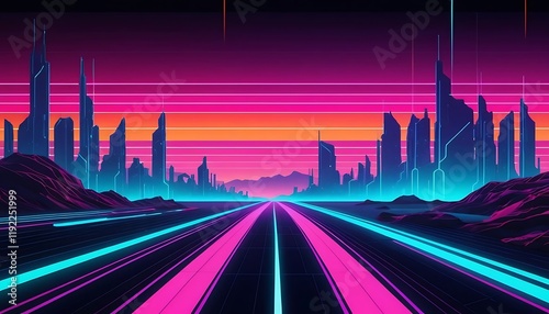 Futuristic Cityscape Neon Highway Sunset Road photo