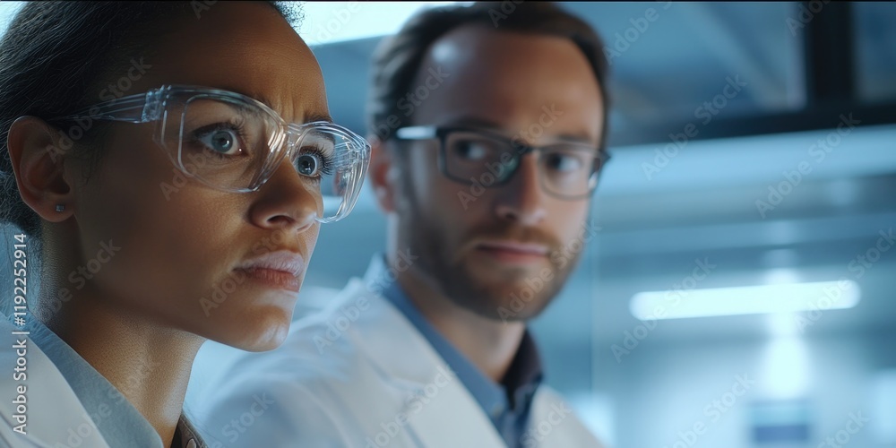 Two scientists in a close-up shot discussing artificial intelligence algorithms in a sleek, high-tech lab their serious expressions reflecting deep focus Two scientists in a close-up shot discussing artificial intelligence algorithms in a sleek, high-tech lab their serious expressions reflecting deep focus