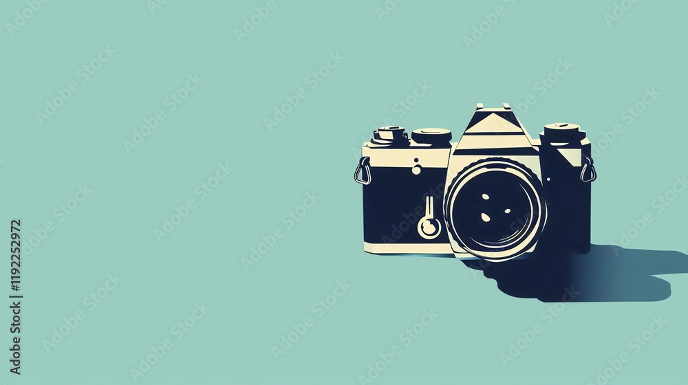 Fototapeta premium A vintage camera on a teal background.