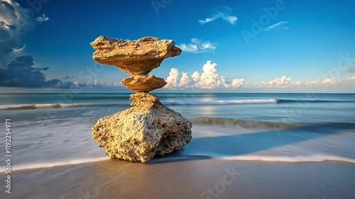 A balanced rock formation stands majestically on a tranquil beach.