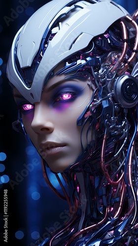 Digital technology black and purple cyberpunk robot poster background
 photo