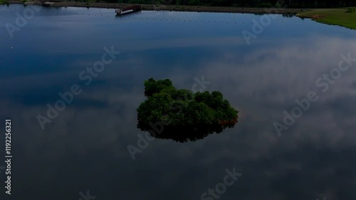 Drone footage of the Rocky Pen Reservoir (Lake Mooney) at dusk in Fredericksburg, Virginia, USA photo