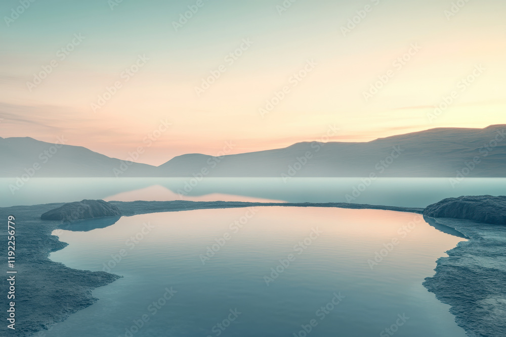 Fototapeta premium Serene lake reflecting pastel colors at sunset, tranquil scene.