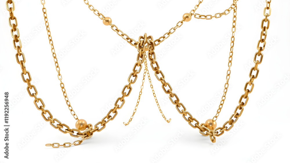 8K 3D render of an A-frame structure made from intertwined golden chains, wires, and spheres, isolated on a pure white background, intricate textures visible 8K 3D render of an A-frame structure made from intertwined golden chains, wires, and spheres, isolated on a pure white background, intricate textures visible