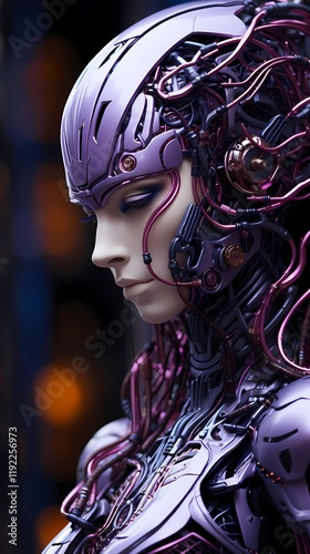 Digital technology black and purple cyberpunk robot poster background
 photo