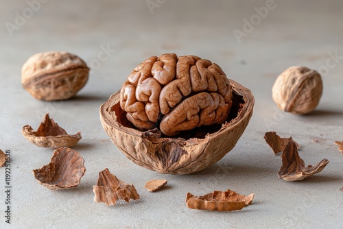 Cracked walnut shell, revealing a nut inside that realistically resembles a human brain. Nature, intelligence and the uncanny similarity between organic forms. photo