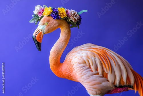 A flamingo adorned with a vibrant flower crown against a bold purple backdrop.  A whimsical and stylish image perfect for various design projects. photo