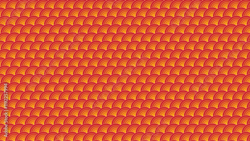Seamless Japanese Seigaiha Wave Pattern in Red and golden. Geometric linear ornament.
