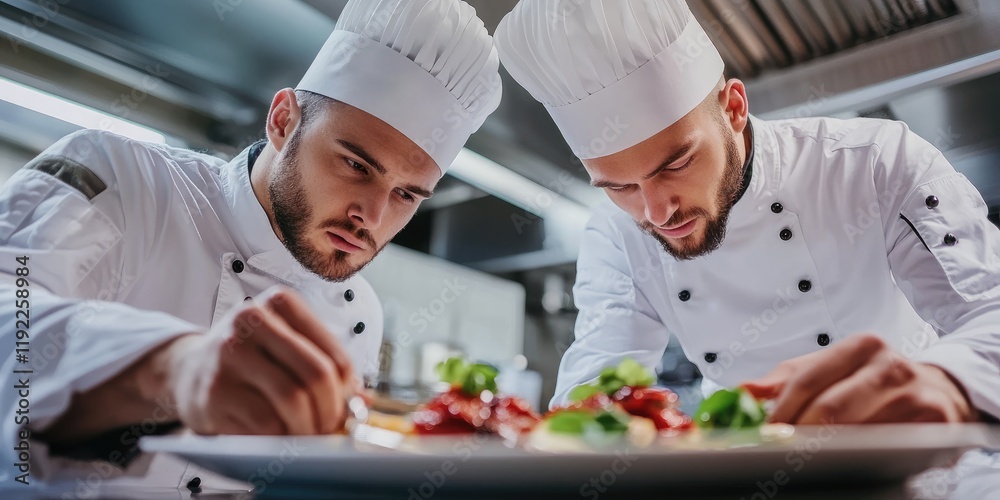 A close-up of two chefs intensely discussing the presentation of a dish in a high-end kitchen their serious expressions reflecting dedication to perfection