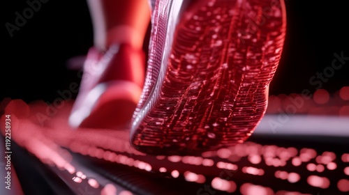 A surreal digital illustration depicting a person running on a treadmill with generative health and safety related images and texts.