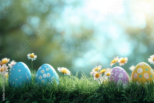 Easter background with grass and spring flowers, copy space, sunlight, blurred light blue sky and a banner, high resolution and detailed. photo