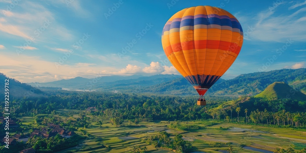 Fototapeta premium Couple indulging in a scenic hot air balloon ride over a lush countryside
