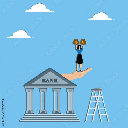 Successfully obtaining a loan from a bank, borrowing money from a bank, personal financial services or financial support, happy businesswoman standing with two bags of money in the bank's outstretched
