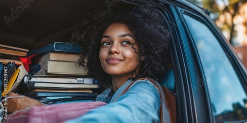 A college-bound student sitting in a car filled with belongings, looking out the window with a mix of excitement and nervousness