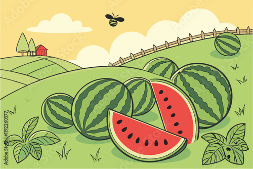 Juicy Watermelons In A Field Vector Illustration