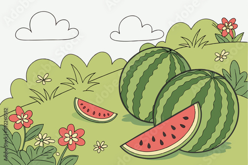 Juicy Watermelons In A Field Vector Illustration