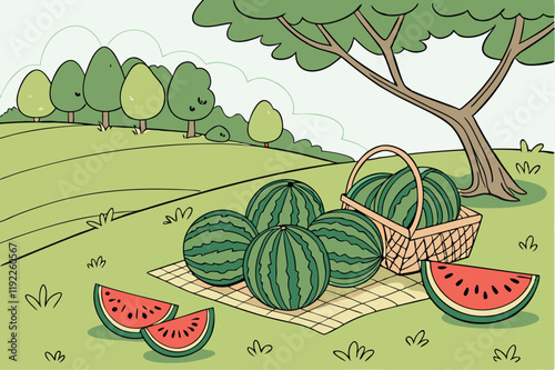 Juicy Watermelons In A Field Vector Illustration