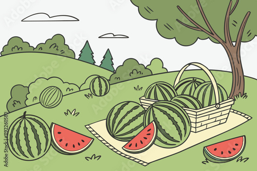 Juicy Watermelons In A Field Vector Illustration