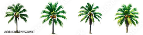 Four Coconut Palm Trees Isolated on Transparent Background