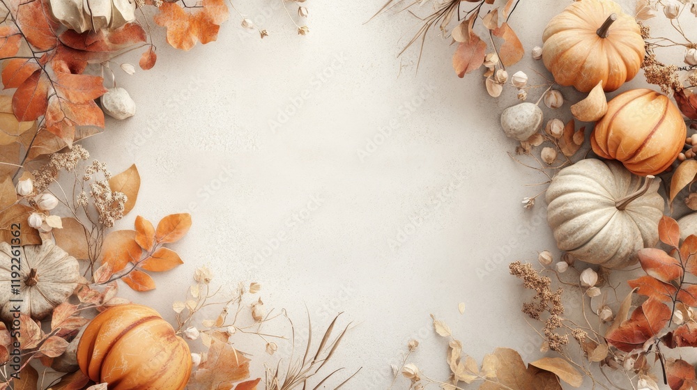 Obraz premium Autumnal Harvest Thanksgiving Background with Pumpkins and Dried Leaves
