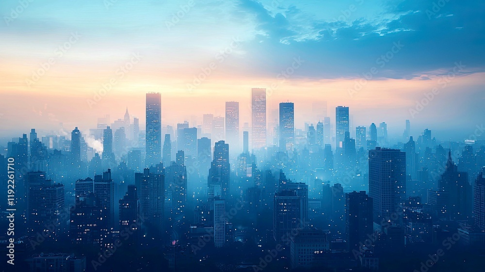 Fototapeta premium City Skyline at Dawn: A Breathtaking Urban Panorama. Highrises and Skyscrapers bathed in soft morning light, creating a stunning cityscape view.