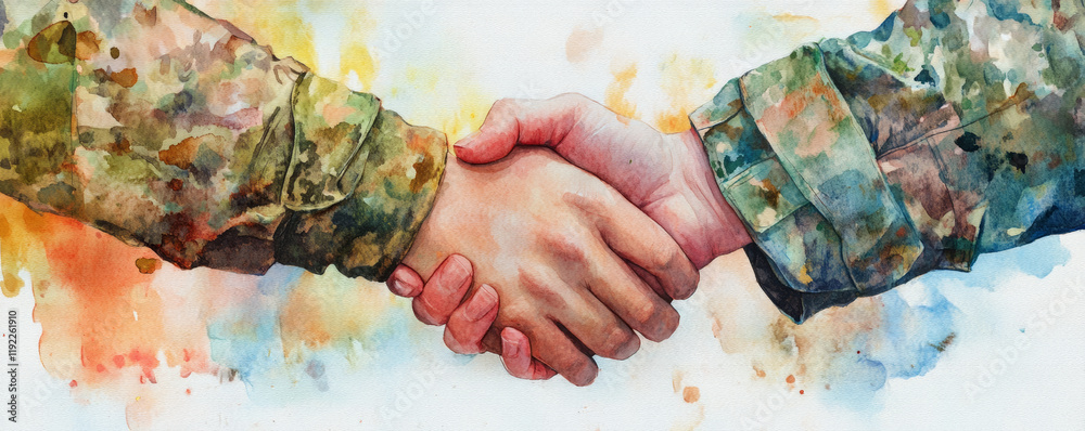 Close up of intertwined hands, symbolizing connection between soldier and mother, showcasing love and support in heartfelt moment. beautiful watercolor illustration