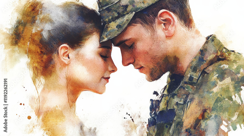 Close up of soldier and woman with foreheads touching, expressing love and connection. emotional bond is highlighted in this intimate moment, showcasing their deep affection