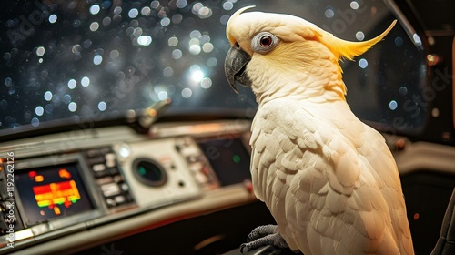 A white cockatoo sits on a futuristic control panel. AI. photo