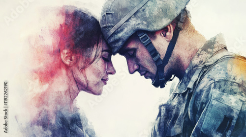 Close up of soldier and woman with foreheads touching, expressing deep connection and emotion. moment of love and support amidst military life