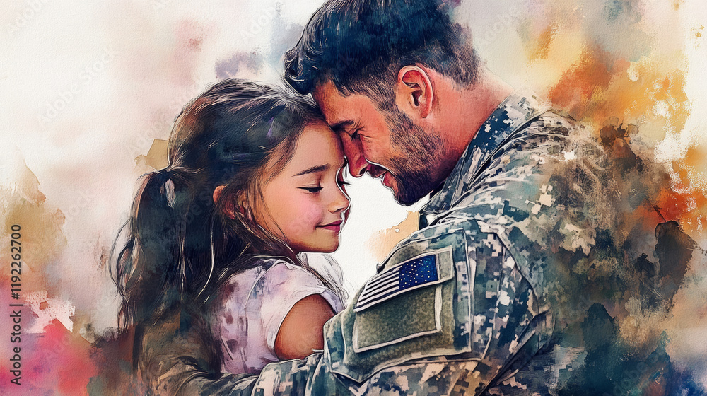 Emotional hug between soldier and child during heartfelt reunion, showcasing love and joy. This touching moment captures essence of family and sacrifice