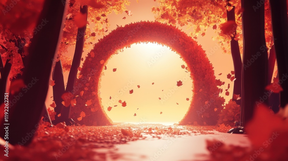 Fototapeta premium Autumnal Gateway: A Mystical Passage Through a Forest of Falling Leaves