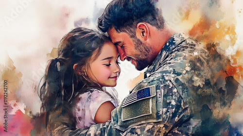 Obraz na płótnie Emotional hug between soldier and child during heartfelt reunion, showcasing love and joy. This touching moment captures essence of family and sacrifice w salonie