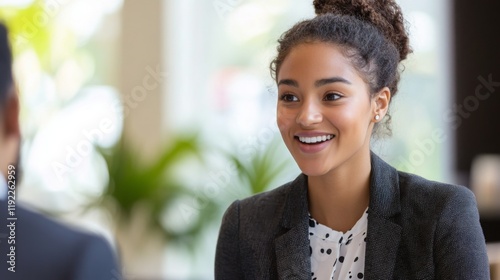 Secretary greeting guests with a polite smile.