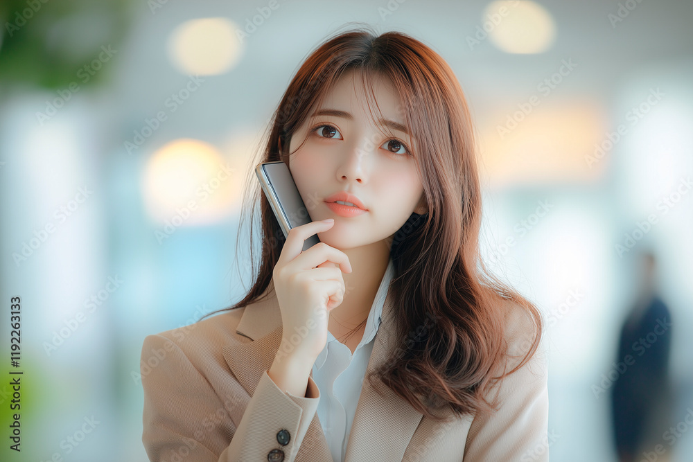 オフィスで仕事中にスマートフォンで電話をする女性 オフィスで仕事中にスマートフォンで電話をする女性