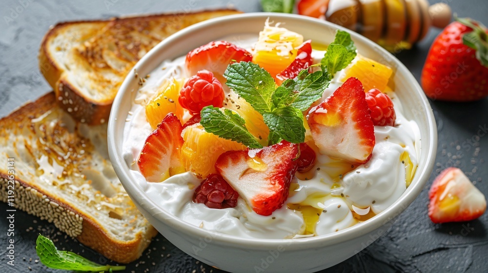 Fresh and healthy Greek yogurt dish with fruits, honey, and toast Fresh and healthy Greek yogurt dish with fruits, honey, and toast