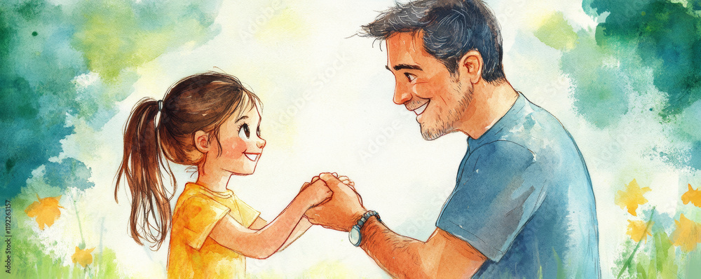 Little girl giving her dad handmade bracelet, sweet moment of love and connection, joyful expressions, family bonding, watercolor illustration, nature background