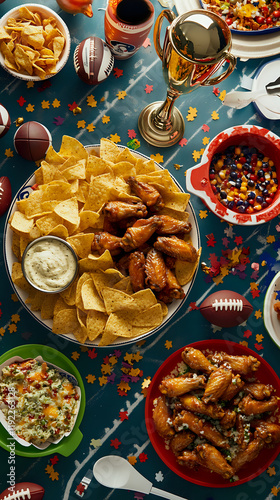 Overhead view of a game day snack table featuring wings and nachos for happy holidays