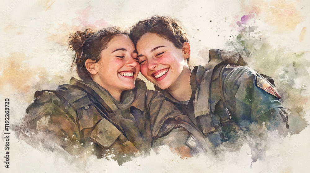 Two soldiers smiling together, showcasing strong bond and joy. Their camaraderie is evident in this heartwarming moment, reflecting friendship and support