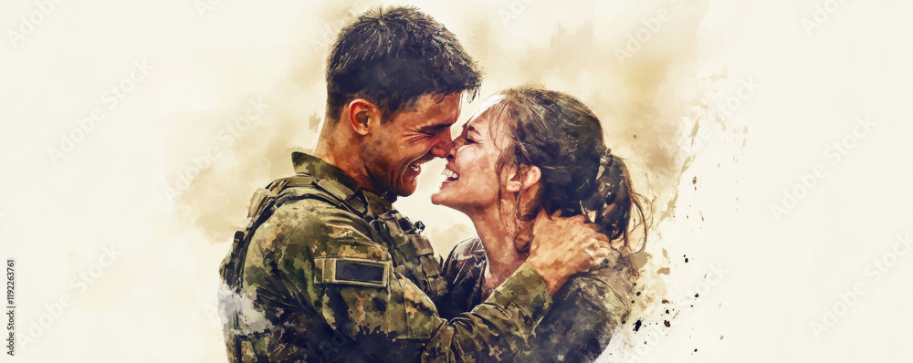 Soldier and mother sharing joyful, tear filled embrace, celebrating reunion with love and happiness. Their emotional connection is evident in this heartfelt moment