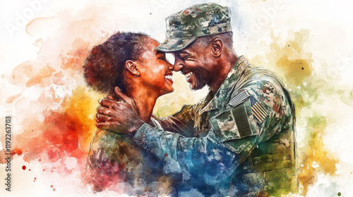 Obraz na płótnie Soldier and mother embracing joyfully, sharing heartfelt moment filled with love and pride. Their smiles reflect deep emotional connection and support w salonie